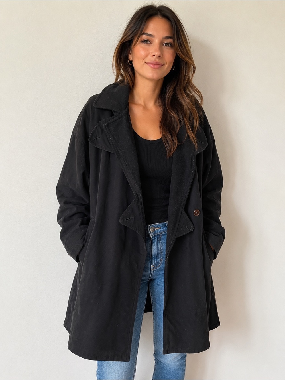 San Yo by Carol Cohen Black Wool Blend Trench Coat Jacket XS